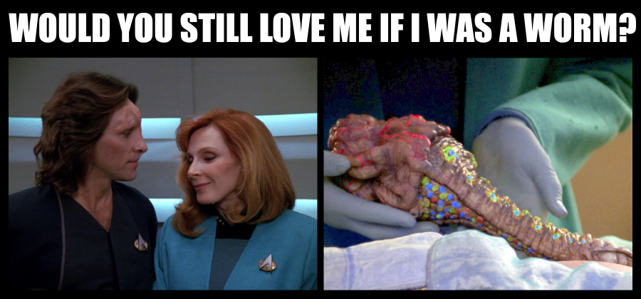Joined Odan with Dr. Crusher, and then Dr. Crusher handling the Odan symbiont to transfer it to a new host