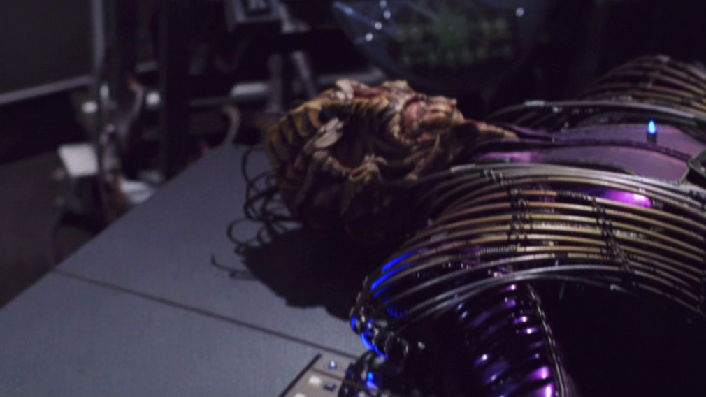 A Xindi-Reptilian body, some equipment in the background